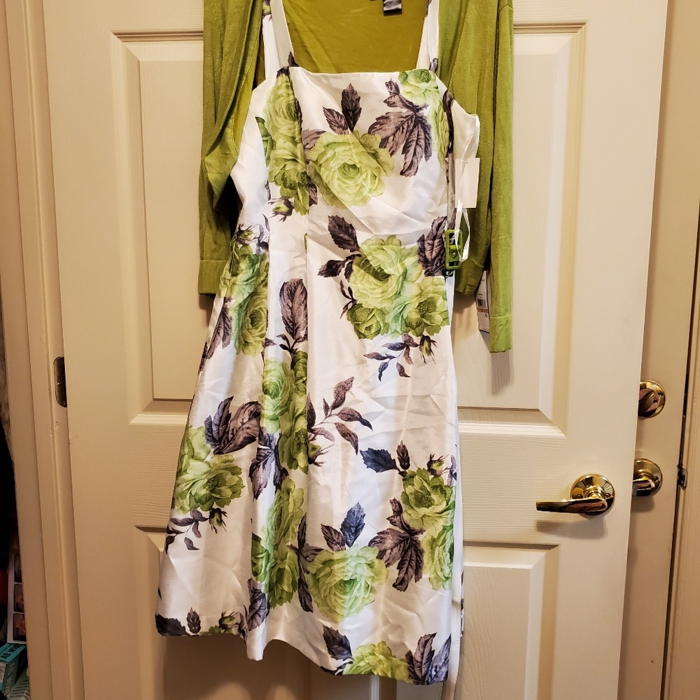 Apple Green Floral Dress with Sweater and Belt